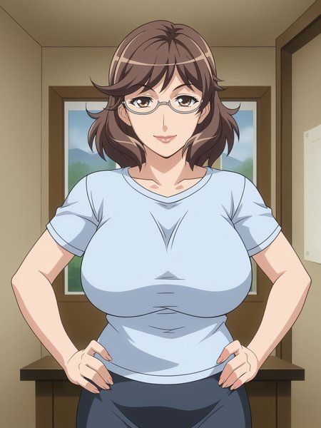 <lora:Anna_Okudera-Okusama_wa_Moto_Yariman:0.7>,Anna,mature female,1girl,solo,glasses,brown hair,brown eyes,short hair,large breasts,t-shirt,skirt,hands on own hips,upper body,smile,looking at viewer,indoors