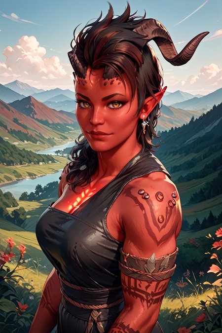 score_9, score_8_up, score_7_up, score_6_up
<lora:BGKarlach:1.0>
BGKarlach, 1girl, demon horns, black hair, red skin, looking at viewer, mountain trail, midday, clear and crisp light illuminating the landscape