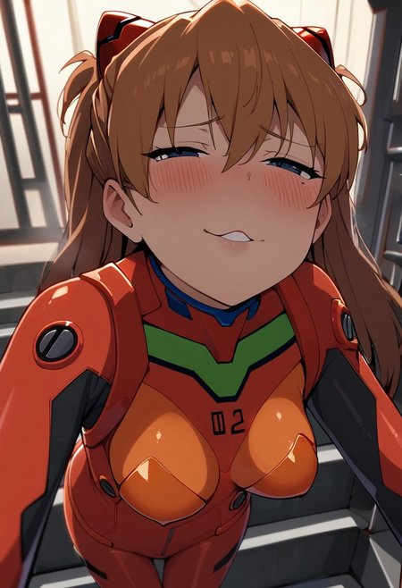 1girl, solo, Asuka Langley, plug suit, interface headset, medium breasts, closeup, foreshortening, depth of field, incoming kiss, half-closed eyes, blush, full lips, lip gloss, smug grin, hand on own chest, indoors, metal staircase, artificial lighting, ship interior
