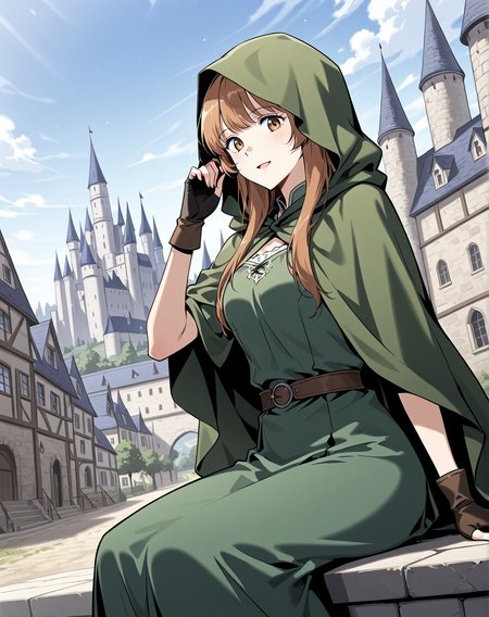 <lora:Demera illumi:1>
1 girl, solo, long hair, brown hair, bangs, brown eyes
green dress, bracelete, hood, hood up, cloak, hooded cloak, fingerless gloves
score_9, score_8_up, score_7_up, very aesthetic, source_anime, detailed, high quality, beautiful, masterpiece, detailed eyes, castle, village, blurry background, cityscape, pose dynamic angle, light smile, open mouth, hand on hair, sitting