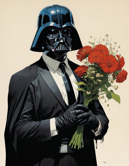 by Jean-Baptiste Monge and Tomer Hanuka, darth vader in a suit, giving flowers, bansky style, comic book cover art, bold lines, expressive drawing,  award winning, (intricate details, masterpiece, best quality:1.4),
looking at viewer, dynamic pose
<lora:add-detail-xl:1> <lora:xl_more_art-full_v1:0.5>  <lora:NicolaSamori:0.5> in the style of nicola samori <lora:looking_at_viewer:2>