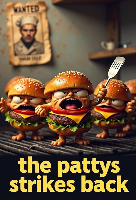 a group of burger pattys on a grill holding a spatula angrily and in agitation. In the background on the wall is a wanted poster with a chef on it. The text: "The pattys strikes back" is prominently shown on the bottom of the image