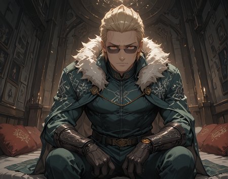 PonyScores7, source_anime, ah, 1IllustriousQual,
BREAK (POV Shot)
BREAK <lora:albertwesker-guy-PONYv1:0.8> albertwesker, 1boy, toned, athletic, fit, mature male,  angular face, sharp_featured face, handsome, charming, alluring, <lora:shinyskin2:0.2> glistening skin, AS-MidAged, <lora:shinyskin2:0.2> glistening skin
BREAK slicked back hair, short hair, blonde, <lora:hairdetailpxl:0.2> hairdetailpxl, 
BREAK slit pupils, orange eyes, <lora:expressive eyes:0.2> expressive eyes, <lora:eyedetailpxl:0.2> eyedetailpxl, <lora:Eyes_High_Definition:0.2> EyesHD
BREAK (performs a dramatic dip, one arm extended and the other hand resting on their knee)
BREAK (indian, bright_textiles, Bright textiles, colorful_fabrics, patterned_cushions, embroidered_tapestries)
BREAK ^o^,  <lora:Expressive_H:0.2> Expressiveh, looking at viewer, <lora:Emotional_Anime_Expressions_PonyXL_Concept:0.2> emotional, <lora:Best_Facial_Expression_LoRA_PONY:0.2>, <lora:expresionesv3Rank128:0.2> expresiones, <lora:Detailed expressive EXEV style -XL Pony V1.0:0.2> FaceDetail
BREAK (Icy dusty Rose, Terracotta Brown, and Sage Green bodysuit, frosted armor pieces, snowflake-patterned cape), (sunglasses:1.3), 
BREAK <lora:xl_more_art-full_v1:0.2>, <lora:aesthetic_anime_v1s:0.2>, <lora:EpicF4nta5yXL:0.2>, <lora:detailxl:0.2> detailxl, <lora:Fant5yP0ny:0.2>, best quality, amazing quality, best aesthetic, absurdres, illustration, Volumetric_Lighting, ultra-detailed, very aesthetic, intricate details, 8k, masterpiece, best_quality
BREAK Stable_Yogis_PDXL_Positives, AS-Adult, <lora:Complicated fantasy portrait - XL Pony V2.0:0.2>, bad-hands-5, <lora:HDA_Detailer:0.3>