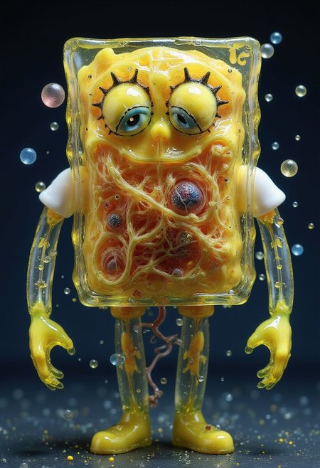 4byss, spongebob composed entirely of transparent tissues, revealing swirling cosmic debris flowing through its circulatory system