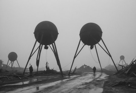 monochrome, black and white photo, old photo,blurry, low quality, old photo defects, world war 1, steam punk technology, automatons, battlefield, destroyed city,rubble, collapsed buildings, fires, artillery, Thick fog, strange shaped robots moving in the distance,massive machines in far distance,massive robots with 3 legs ,spherical bodies,no arms, antenna, wires, consistent design,three lights that look like eyes,cylindrical head protruding from the body, looking at viewer, scary, damaged robots, trench warfare, no mans land, small humans, large robots, art style of simon stalenhag