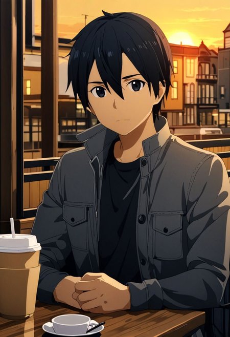 high resolution, professional photography, best quality, 1Boy, Kirigaya Kazuto, Black Hair, Black Eyes, overalldetail, cafe, corner, sit, soffa, casual outfit, coffee, waiting, warm building, sunset