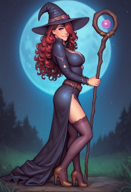 1girl, illustration, looking at viewer, highly detailed, skinny, looking at viewer, 1girl, masterpiece, best quality, ((((side view)))), source_photo, source_real, 1girl, solo, long hair, breasts, looking at viewer, witch skirt, witch hat, black hair, thighhighs, jewelry, purple eyes,  belt, necklace, mole, lips,  wavy hair, side slit, long skirt, realistic, ((long legs)), curvy hips, dynamic pose
BREAK
slight smile, looking at viewer, ((a staff with a luminous top:1.3))
long hair, red hair, hair over one eye, big hair, dynamic pose, best quality, depth of field, bokeh, (((full clothed))),
BREAK 
((night, outdoors, sky, full moon background)) score_9, score_8_up, score_7_up, score_6_up, source_cartoon, rating_explicit, Expressiveh, ((((full body))))), dynamic pose, dynamic pose