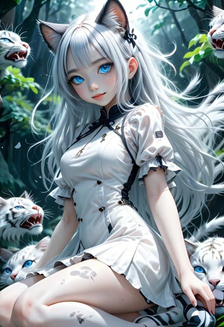 (((Japanese style, blue eye lenses))), cat y((((smile, artist, bad cat girl))). The result is a rebellious, hyper-realistic 4K full-body painting of a young anime girl with Japanese features, striking blue eyes, long white hair and a smiling expression. This intricately detailed illustration, inspired by Carne Griffiths and Wadim Kashin, wears a gothic white dress and white heels. (((She is riding on a tiger the tiger))). Fisheye angle. very beautiful. At midnight. Glowing Mushroom Forest uses cinematic effects, spotlights, glow and bioluminescence to inject elements of glamor, realism and gritty aesthetics. Capture beautiful girls. Composites rendered in 3D using the Octane renderer,