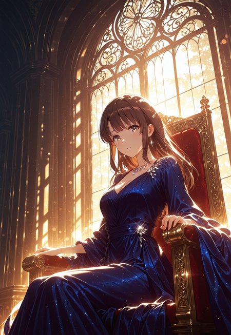safe_pos, safe_pos, 1girl, solo, Megumi <lora:IL-KatoMegumi:0.8>,brown hair,katou megumi,brown eyes,medium breasts,long hair,

grand throne room, sitting on throne, luxurious gown with intricate details, cleavage, flowing fabric, jewelry, glass windows in the background, serene aura, looking at viewer,

dynamic angle, (close-up shot), cinematic framing, (digital painting:0.8), auralora, (aura:0.2), mythp0rt, bokeh, (luminescent background:0.8),

elegant, masterpiece, best quality, highly detailed, high contrast, dramatic shadows, raytracing,((detailed eyes))