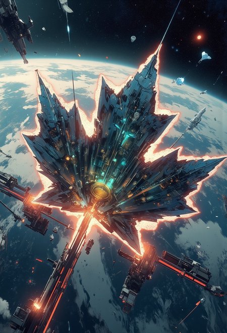 "Mh1$AgThS2
Canada's resource extraction industry has expanded upward into orbit, creating a three-dimensional maple leaf of mining operations extending from traditional territories into space. Captured with a 70-200mm zoom lens set to 135mm from geostationary orbit, the scene shows this industrial marvel against Earth's atmosphere. The orbital mining complex appears as a vast network of extraction platforms connected by transport tubes that maintain perfect maple leaf geometry . The territories within this extended Canada glow with industry-specific colors—gold mining operations in brilliant yellow, uranium processing in eerie green, and diamond extraction in sparkling white. The Canadian Shield hosts the central processing hub, massive elevators carrying materials between surface and orbital facilities along  transit lines. Refineries at boundaries emit controlled plasma exhaust that forms maple leaf patterns, while solar collectors along the structure's outer edge create a distinctive red glow around the entire national industry. A fleet of automated cargo vessels approaches the northern territories, their guidance systems creating laser paths that add to the complex visual geometry.
The entire composition hums with the industrial energy of resource transformation—Canada reimagined as a nation that has expanded its economic foundation into the final frontier.
Thin border of production output measurements showing resource processing rates on an epic border background."