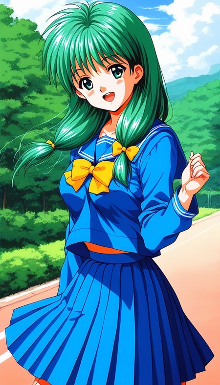 score_9, score_8_up, score_7_up, source_anime, rating_explicit, BREAK  <lora:Kisaragi_Mio_XL:1> Kisaragi_Mio, long hair,  green hair, no glasses,  green eyes, hair over shoulder, low-tied long hair,  medium breasts,
1990s \(style\), 1girl, solo, school uniform, blue serafuku, open mouth, looking at viewer, long sleeves, skirt, bow,
 blue skirt, sailor collar, yellow bow, smile, blue sailor collar, pleated skirt, shirt, blue shirt, 
outdoor, day, sky,