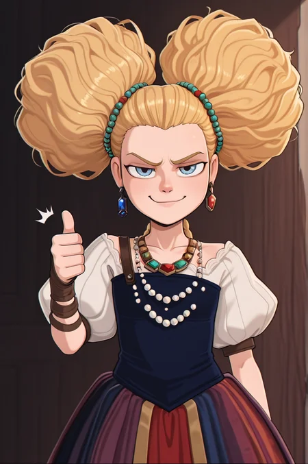 masterpiece, best quality, absurdres, 
 <lora:Goldilocks_-_Dreamworks_Illustrious:1> goldixd, jewelry, necklace, earrings, blonde hair, big hair, twintails, blue eyes,
1girl, dress, puffy sleeves, thumbs up, smug, looking at viewer, solo,
 <lora:shadman_style_ill:1>
