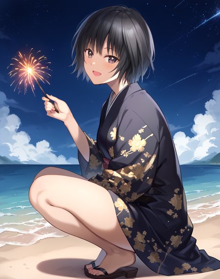 nanasaki_ai, black hair, short hair, black eyes,small breasts,  black kimono, flower pattern kimono, BREAKoutdoors, beach, night starry sky BREAK sexy face, sexy smile, open mouth, cowboy shot, side view, squatting, sparkler, sparkler on hand
 BREAK score_9, score_8_up, score_7_up, source_anime ,zPDXL,<lora:Nanasaki_Ai:1>