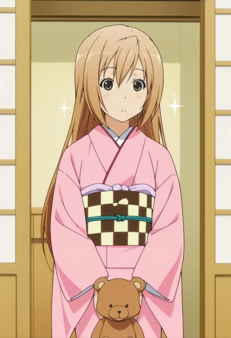 masterpiece,best quality,amazing quality, minami haruka, light brown hair, long hair, brown eyes, 1girl, japanese clothes, kimono, solo, teddy bear, stuffed animal, stuffed toy, sash, obi, sparkle