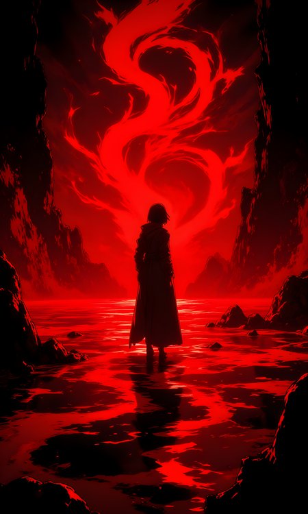 A haunting, surreal tableau that evokes a sense of mystery and unease. At its center stands a solitary figure, their silhouette stark against the swirling crimson backdrop. The scene is enveloped in darkness, with the only light emanating from the vibrant, pulsating red that dominates the frame. This red appears to be liquid, rippling and churning like a vortex, creating an almost hypnotic effect as it spirals outward from the point where the figure stands.
The figure is cloaked in shadow, their features obscured by the deep blackness that engulfs them. They are dressed in what seems to be a long coat or robe, which drapes over their form, adding to the enigmatic quality of their presence. Their posture is upright yet still, as if they are frozen in time, standing at the heart of this infernal spectacle. The lack of detail in their appearance heightens the sense of anonymity, making them both relatable and distant, as though they could be anyoneâor no one at all.
The red liquid beneath their feet is not merely a surface but seems to have depth, as if the figure is standing on the edge of an abyss. The swirling patterns create a sense of movement, as though the red is alive, drawing the viewerâs gaze inward toward the figure. The colors are intense, ranging from deep maroon to fiery orange, each shade blending seamlessly into the next, creating a gradient that feels almost organic. The texture of the liquid is mesmerizing, with ripples and waves that suggest a turbulent energy, as if the very fabric of reality is being pulled apart around the central figure.
The overall atmosphere is one of foreboding and intrigue. The darkness surrounding the edges of the image amplifies the isolation of the figure, making them appear as though they are suspended in a void. The red, while visually striking, carries an ominous undertone, hinting at danger, bloodshed, or some other primal force. It is as if the figure has stumbled upon a portal to another realm, one filled with chaos and unknown perils.
The composition of the image is masterful, with the symmetry of the swirling red leading the eye directly to the silhouette of the person. There is a palpable tension in the scene, as though something significant is about to unfoldâa revelation, a confrontation, or perhaps a descent into the abyss itself. The absence of any additional context or detail leaves the viewer to fill in the blanks, inviting speculation about the identity of the figure, the nature of the red liquid, and the purpose of their journey into this unsettling landscape.
In this single frame, there is a story waiting to be told, a narrative of exploration, fear, and discovery. It is a moment frozen in time, capturing the essence of human vulnerability amidst the vast, unknowable forces of the universe.
j_art, anime, anime art, <lora:FLUX\jul\J_Anime:0.7>, <lora:FLUX\RealAnime:0.7>