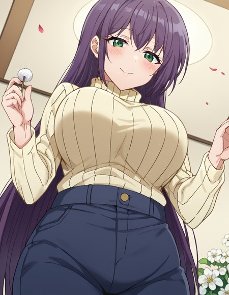 score_9, score_8_up, score_7_up, source_anime, <lora:yutaka-shinozaki-s1-ponyxl-lora-nochekaiser:1>, yutaka shinozaki, long hair, bangs, very long hair, green eyes, purple hair,, large breasts, mature female, long sleeves, pants, sweater, turtleneck, ribbed sweater, turtleneck sweater, blue pants, white sweater, flower field, colorful, petals, scent, bloom, , <lora:lap-pov-ponyxl-lora-nochekaiser:1>, lap pov, lap pillow, from below, ceiling, looking down, pov, blush, smile,, looking at viewer, solo,, dutch angle, cowboy shot