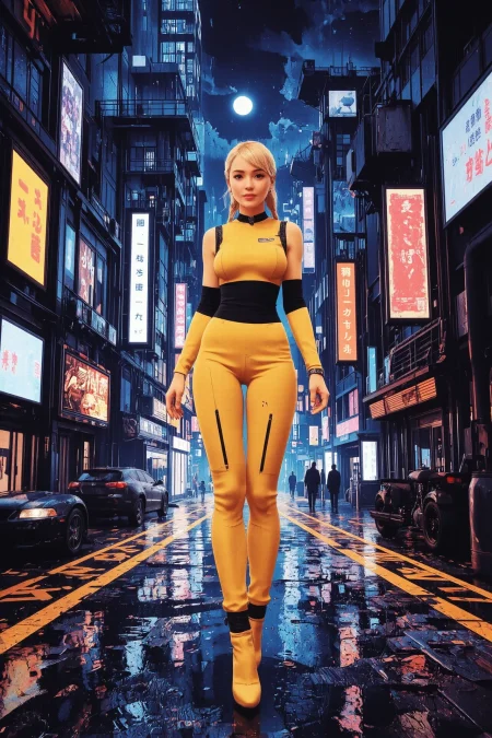 fishtail braid honey blonde hair young cyberpunk woman, anime, illustration, cyberpunk, futuristic, extremely detailed, portrait, standing, happy smile, beautiful cyberpunk tokyo buildings landscape, wet floor, windows, car, motorbike, moon in the sky, bright neon lights, screen holograms, kanjis, raytracing, hdr, high contrast, cinematic lights, backlight, reflections, legs, heels, sharp focus, luminous Yellow robot glossy brilliant armor, body lights, body circuits, glossy lipstick, necklace, tribal earrings, colorful, retrowave, shadows, vibrant colors, colorful, bright, pretty, beautiful, feminine, sexy, lovely, in love, adorable, fashion, <lora:Hand v2:1> <lora:Anti-Blur:2> <lora:Insane Detail Slider:0.5>  <lora:flux.1_lora_flyway_Epic-detail_v2:0.3><lora:fluxenhancer:0.5> <lora:RetroAnimeFluxV1:0.3> <lora:CPA:0.6> <lora:Luminous_Shadowscape:0.3>  <lora:Neon_Noir_FLUX:0.4> mad-neon-noir  <lora:bv-cybstyenh-v1_rank16_bf16:0.3>
