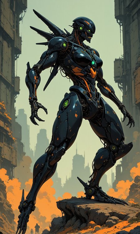 (hauntingly realistic photograph:1.2) of a skeletal mecha robot with a sleek black and orange design glowing green eyes and a dynamic pose, masterpiece, fine details, <lora:- iLL -PdJ_highres_counterweight _V1.0-step00007000:.8>, <lora:- iLL - the_edgy_mech_V2.0-step000013500:0.2> <lora:Illustrious:0.4>