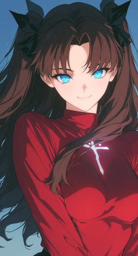 masterpiece, best quality, good quality, very awa, newest, highres, absurdres,  Tohsaka Rin \(fate/stay night\), 1girl, solo, long hair, blue eyes, black ribbon, brown hair, parted bangs, two side up,hair ribbon, medium breasts, shirt, long sleeves,
Affectionate, cute, light smile, facing viewer, looking at viewer, wind,
upper body, dynamic Angle, xxx667_illu, glowing, melanch0ly, retro anime, 1990s <lora:illustriousXL_stabilizer_v1.23:0.3> <lora:NOOB_vp1_detailer_by_volnovik_v1:0.3> <lora:ponyv6_noobE11_2_adamW-000017:0.3> <lora:XXX667:0.7> <lora:MelancholyAnime:0.8>