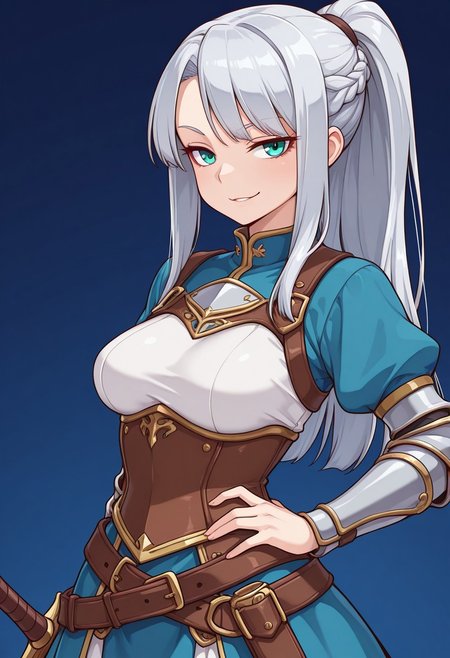 1girl,solo,cute,
isabel, medium breasts, slim waist, athletic build, fair skin, teal eyes, long hair,silver hair, ponytail, braided hair, side bangs, straight hair, thigh-length hair,white and blue outfit, layered dress, armored corset, sword belt, fantasy clothing, warrior outfit
smirk, confident expression, hand on hip, looking forward, assertive posture
looking at viewer,portrait
Simple blue background,(soft focus:1.3), 
masterpiece, amazing quality, best quality, ultra-detailed, 8K, illustration, CG, shiny hair, clear skin, ultra-detailed-eyes, eyelashes, highly detailed,