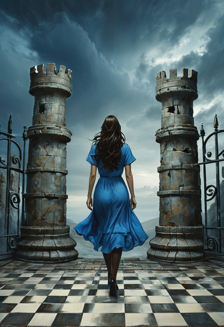 (water-colored), illustration, style of Jessica Galbreth,
(far view, far shot, rear view, facing away:1.3),
(Alice, woman walking, very long dark brown hair,  hair rim lighting, hair in the wind, blue maid dress with short sleeves, black tights, black shoes:1.5), 
fog, dreamy, dream, chess landscape, cloudy, raining, 
(huge gate, tiled floor, giant stone chess pieces, chess board, giant ruin towers,  dark clouds:3)