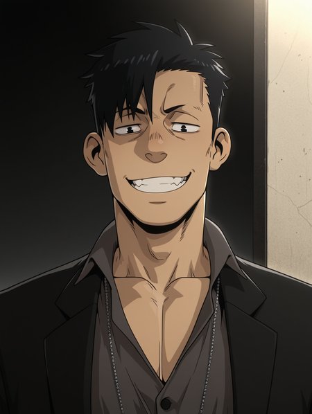 masterpiece, best quality, amazing quality, Nicolas Brown, jewelry, collarbone, male focus, formal, look at viewer, suit, black hair, grin, solo.bara, male focus, 1 boy