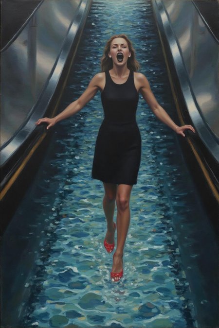 hansandersenbrendekilde1 painting.
a woman in a chic little black dress and vibrant red high heels, gracefully descending an escalator. She wears black lipstick and is screaming. Her attire exudes elegance and sophistication, with the red heels providing a bold pop of color against the classic black dress. The escalator itself, typically found in a mall or airport, leads downwards into an unexpected and dreamlike destination -- pool of rippling water. The water is blue and ripples as the escalator's steps disappear beneath the surface.
 <lora:hansandersenbrendekilde1_cap_d8a4e11:1.0><lora:855180785861268443:0>
