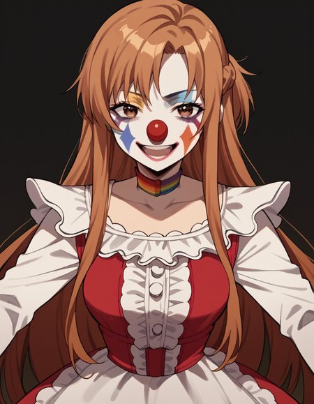 score_9, score_8_up, score_7_up, source_anime, asunayuuki, <lora:asuna-yuuki-s1-ponyxl-lora-nochekaiser:1>, asuna yuuki, long hair, brown hair, brown eyes, medium breasts,, <lora:clown-ponyxl-lora-nochekaiser:1>, clown, makeup, clown nose, facepaint, gloves, long sleeves, frills, dress,, smile, open mouth, smug,, cowboy shot