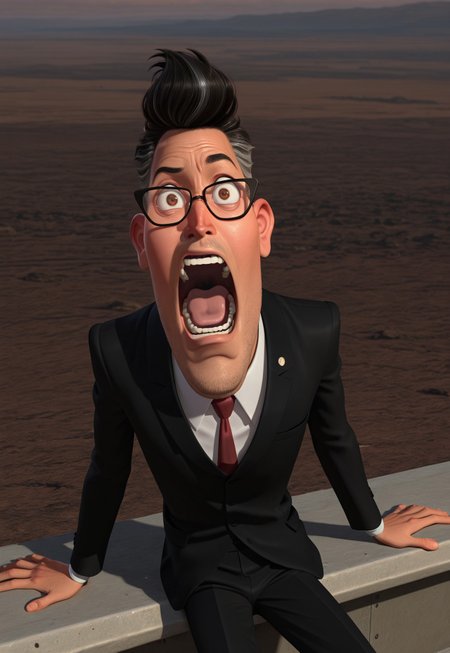 masterpiece, best quality, amazing quality, detailed background, intricate details, dynamic, cinematic, animated, anime realistic shading, solo, male focus, 1boy, handsome, h4thaway, dark hair, two-tone hair, pompadour, brown eyes, glasses, facial hair, stubble, black tuxedo, white shirt, red necktie, lapel pin, black pants, black shoes, horror background, sitting, screaming, spooked, wide eyes, open mouth, side eye