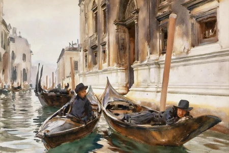 johnsingersargent3 painting
Two gondoliers resting on their boats on a canal in Venice. They are dressed in traditional attire. Historic buildings with columns and arched windows line the canal. The water reflects the gondolas and buildings. <lora:johnsingersargent3_cap_d8a4e12:1.0><lora:859960490682502431:0>
