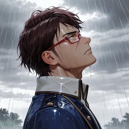 masterpiece, best quality, amazing quality, absurdres, newest, detailed background, definition so sharp, Ultra-HD, 8K cinematic, very awa, impressionate, amazing quality, highres, 
solo, male focus, manly, mature male, bara, cloud, grey, rain, wet,
goukizenjou, gouki_brunette, gouki_yellow eyes, 1boy, short hair, sideburns, face scar, red-framed eyewear, blue coat, white collared shirt, serious face, wet clothes, looking up, side view, sad expression