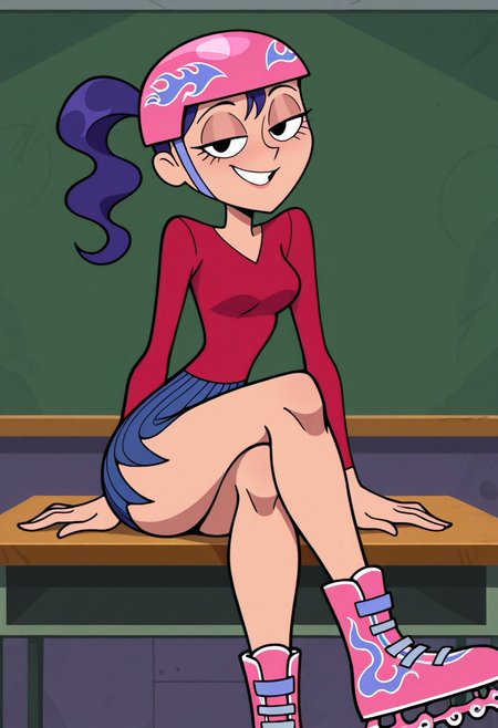Mrcia_Ws, 1 girl, solo, pink helmet, ponytail,, purple hair, red long sleeve shirt, blue skirt, short skirt, pink roller skates, sitting on desk, smiling, looking at viewer, crossed legs, sexy, teasing, seductive, teasing, flirting,