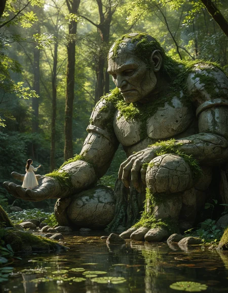 In a lush verdant forest, a colossal stone golem sits peacefully by a serene pond, The golem covered in intricate carvings and patches of moss, gently holds a small figure dressed in a simple white dress in his hand, The figure sits comfortably in the golem's massive hand, extending her own hand to touch golem's finger, The scene exudes a sense of harmony and friendship between the ancient powerful creature and the innocent figure. Sunlight filters through the dense canopy above, casting dappled light and shadows, tranquil atmosphere, the surrounding foliage is rich and vibrant, blooming flowers and a crystal-clear reflection of the golem and figure in the pond's still waters, <lora:MJ52:0.4>, <lora:add-detail-xl:1>