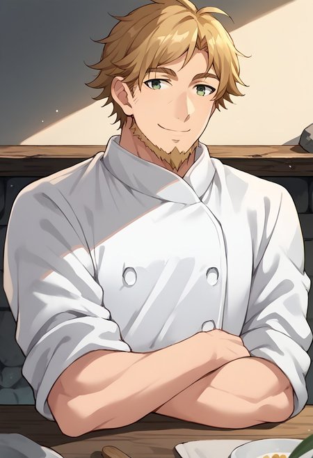 score_9, score_8_up, score_7_up, source_anime, rating_safe, table counter, Kenuchi, 1boy, male focus, chef uniform, smile, portrait,