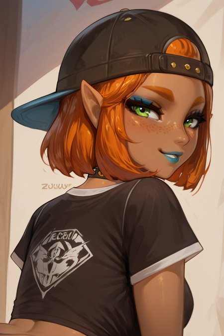score_9, score_8_up, score_8, medium breasts, (curvy), cute, eyelashes,           BREAK, , BREAK,     1girl, solo, looking at viewer, smile, short hair, shirt, hat, green eyes, upper body, short sleeves, parted lips, choker, looking back, dark skin, from behind, orange hair, dark-skinned female, black shirt, black headwear, makeup, black choker, bob cut, thick eyebrows, lipstick, t-shirt, baseball cap, eyeshadow, freckles, backwards hat, blue lips  ,<lora:Riju_Zelda_TotK_P1:0.7>,  ,<lora:ZuruotaStyle_PDXL:0.8>,      embedding:zPDXL, Expressiveh, <lora:SDXLFaeTastic2400:0.5>,  <lora:Expressive_H-000001:0.4>,