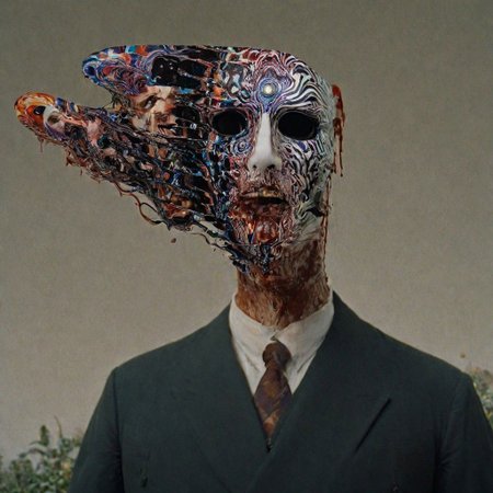 His head has exploded in psychedelic blood into three faces each phantom of the Opera an enigmatic vision, attached to his neck by a long filament of writhing static where his face once was