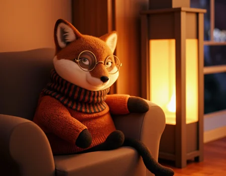 <lora:Staggering:0.85> staggering, Stylized 3D illustration of a cute, anthropomorphic fox wearing a knitted sweater and glasses, sitting in a cozy armchair next to a warm fireplace, rendered with soft, diffused lighting and a pastel color palette. . 35mm photograph, film, bokeh, professional, 4k, highly detailed