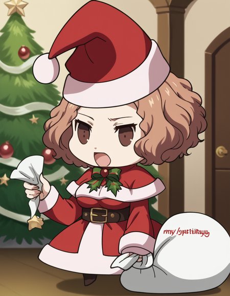 score_9, score_8_up, score_7_up, source_anime, <lora:haru-okumura-s1-ponyxl-lora-nochekaiser:1>, haru okumura, brown eyes, brown hair, short hair, medium breasts, anime screencap, <lora:padoru-ponyxl-lora-nochekaiser:1>, padoru, padoru (meme), holding sack, sack, santa hat, meme, christmas, open mouth, chibi, red capelet, santa dress, capelet, fur-trimmed headwear,, , dutch angle, cowboy shot