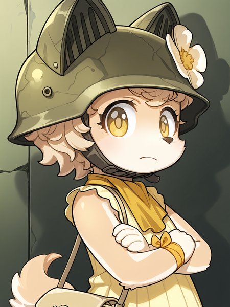 BREAK, <lora:Chick_Montblanc_Illustrious_V1:1>, Chick Montblanc, Fuga: Melodies of Steel, kemono, furry female, 1girl, dog girl, beige fur, white fur, multicolored fur, yellow eyes, blonde hair, short hair, animal ears, dog ears, dog tail, 
BREAK, Fuga 1 Outfit, yellow dress, sleeveless, handbag, yellow neckerchief, wrist ribbon, helmet, flower on helmet,
BREAK, solo, half body, looking at viewer, arms crossed, closed mouth