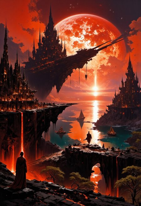 hyper realistic and highly detailed, highly dynamic cinematic panorama view, sea ​​coast, sunset at sea, calm weather, sailing ships on the horizon, a beautiful ship with sails stands in the bay, 17th century, the bay ends on a cliff, a beautiful small castle with towers stands on the cliff, a masterpiece, the first stars appear in the sky, beautiful clouds on the horizon, a girl stands on a birch tree, a beautiful dress on the girl, the dress flutters in the wind, the girl looks at the sea, a fairy-tale world, the sun of red light, the red light of the sun covered all space