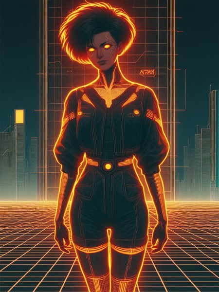 score_9, score_8_up, score_7_up, source_anime, woman, orange glowing outlines, grid, cyberpunk, 1980s, retro, scifi, city  <lora:Neon_Cyberpunk_Cyberspace_Pony:0.5>