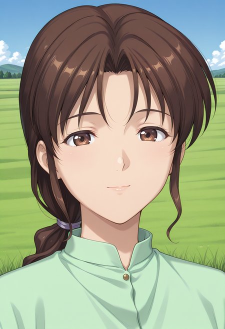 kuon_setsuko, brown eyes, brown hair, ponytail, long hair, mature female, long sleeves, green shirt, <lora:kuon_setsuko_illustrious_ver1:0.8> 
light smile,, masterpiece, best quality, sensitive,, 1girl, solo, blue sky, (grasslands:1.2), looking at viewer,, (upper body:1.2), (close-up:1.2), (facing viewer:1.2), (open eyes:1.4), (portrait:1.2)