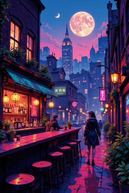 a cyberpunk pub beautiful landscape, evening, woman, very intricate, very detailed, sharp, bright, colorful, <lora:Hand v2:0.5> <lora:Anti-Blur:1><lora:Insane Detail Slider:0.25>  <lora:flux.1_lora_flyway_Epic-detail_v2:0.3> <lora:fluxenhancer:0.25> <lora:ROWER:0.6> <lora:flux-charmer-v1-1:0.4> <lora:Vibrantly_Sharp_style_v.5:0.4> <lora:Flux_Anime_Retro_Style:0.8> retroanime