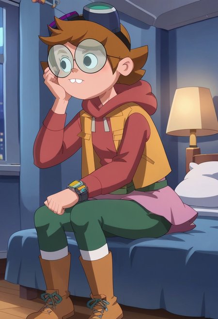 score_8, score_8_up, score_7_up, 1girl, female focus, solo, Ridley_GT, Light-toned skin, black eyes, Glasses, goggles over the head, short hair, light brown hair, light brown eyesbrows, Light red hoodie, beige jacket over it, green pants, pink skirt over it, white socks, brown boots, bracelet, watch on the wrist, dark green fanny pack, full body, indoors, bed, bedroom, nightstand, lamp, window