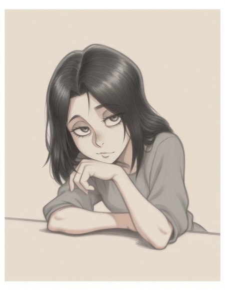 masterpiece, best quality, simple background, white border, 1girl, solo, <lora:anatomy_helper:0.8>
<lora:BranSant:0.9> bransant, traditional media, graphite \(medium\), limited palette, 
leaning on table, one hand resting, one hand relaxed, looking at viewer, eye visible, detailed hands, medium shot, casual expression, pieck finger, shingeki no kyojin