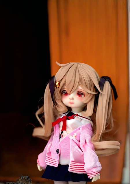 <lora:MYOU_DOLL:1.3>,1girl, murasame (kancolle), child, young girl, breasts, brown eyes, cardigan, hair ornament, hair ribbon, light brown hair, long hair, red eyes, ribbon, school uniform, solo, twintails, 
very awa, masterpiece, best quality, newest, highres, absurdes,amazing quality