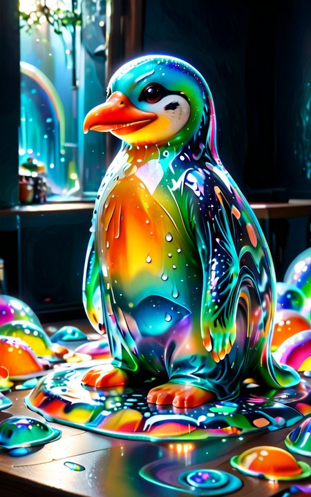 sl1m3d, slime-morph, <lora:Slime_Morph_V4 (1):0.7> <lora:Jelly_Style:0.2> colorful, luminous, (penguin made of jelly slime, no humans:1.25), elaborate, (ultra realistic:1), (masterpiece:1.1), best quality, intricate, extremely detailed, intricate, detailed background, Jellystyle, safe_pos