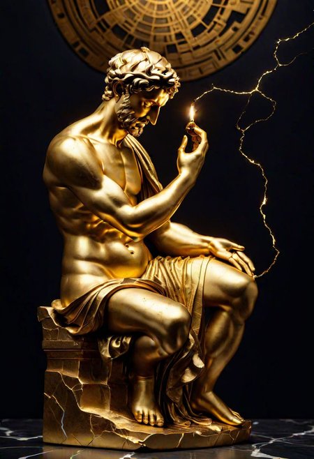greek statue of Michelangelo, meditation pose, (kintsugi),  reimagined by industrial light and magic,black, gold, cracks, highly detailed, award-winning photo, realistic, high contrast, depth of field,perspective,cinematic lighting,