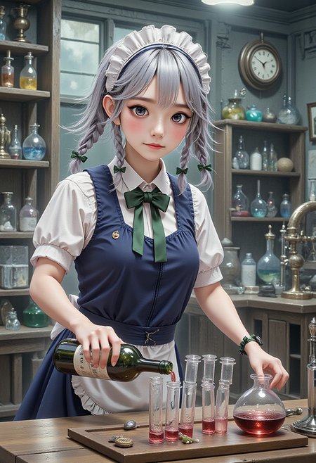 A masterpiece, ultrarealistic, natural colours of morning light, photorealistic scene, intricate interior of a laboratory, rich in detail, chemistry equipment in the background, a clock, (flat chest, lean, small-breasted, tiny tits, bustless, unbuxom, narrowed eyes, nothing clingy, no make-up, without make-up, adult:2),
flat chested experienced scientist Izayoi Sakuya with no make-up is leaning over table, holds a wine bottle and concentrates with narrowed eyes on pouring wine into a row of steaming test tubes lined on the table without paying attention to the viewer, slender, short silver hair, twin braids, green bows, green bowtie, loose blue maid uniform, mid dress, maid headdress, detached collar, white apron, pocket watch, 
<lora:Hand v2:1.2> Detailed hand, Hand, Perfect hand,
<lora:ADetailerNetidolFace_flux:0.6>, ((realistic)), ((fair skin)), ((skinny)), 1girl, idol, jpop, kpop, belle, pretty, petite, parted lips, light smile, 
<lora:best_of_flux_v30_rank64_bf16-step01750:1> best_of,