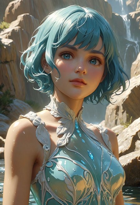 "Bill Willingham" Style.
Title: "Feminine Water Elemental".
She's made of pure Water.
She's staring the viewer, cute expression.
She has hot-cyan hair, pixie haircut.
Pristine Aesthetic.
Life-like details.
Cinematic. 
Dramatic. 
Dynamic. 
Extremely refined lines and and shapes.
Extremely refined details on objects.
Sharp details.
Wide range of colors.
Many details everywhere. Ray-Tracing. Anti-Aliasing. Realistic soft shadows. Low saturation colors. Insane quality. Insane resolution. Insane details. Masterpiece. 32k resolution.